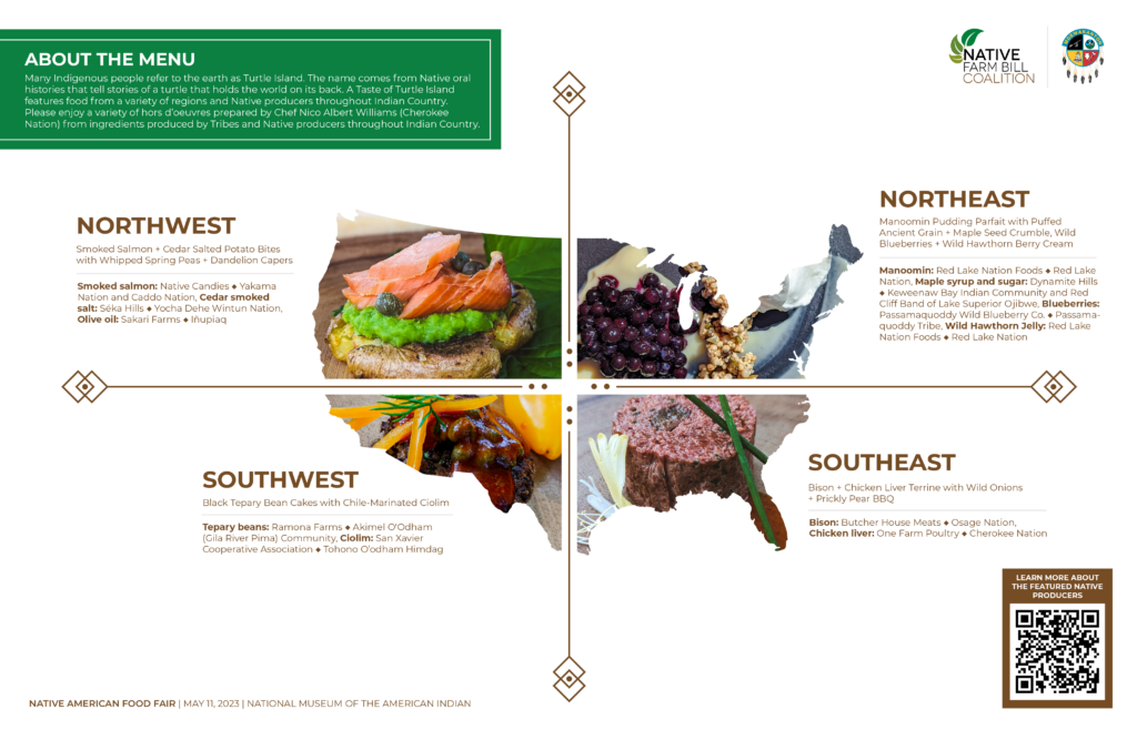 A white menu that splits an outline of the United States into four quadrants, each with their own list of Native foods