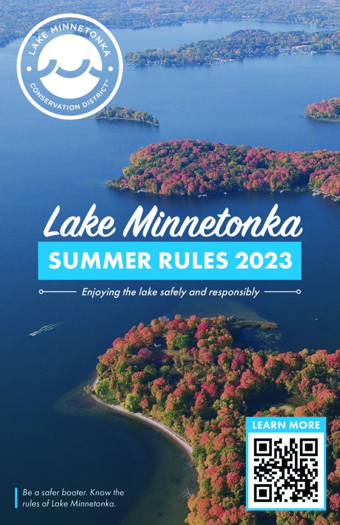 The cover of Lake Minnetonka: Summer Rules 2023 set against a photo of the lake in the fall season