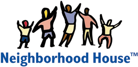 Neighborhood house logo with the name written out and five people cheering above the name
