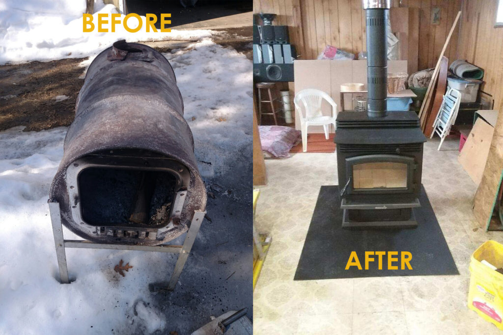 Before and after photos showing an old, rusted stove and a newer stove
