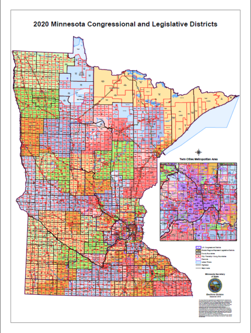 Colored map of Minnesota separated by the different districts
