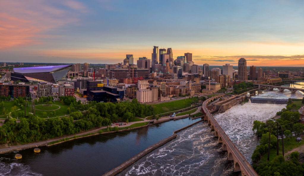 Aerial View of Minneapolis and St.Anthony Falls at Dusk - May 2019