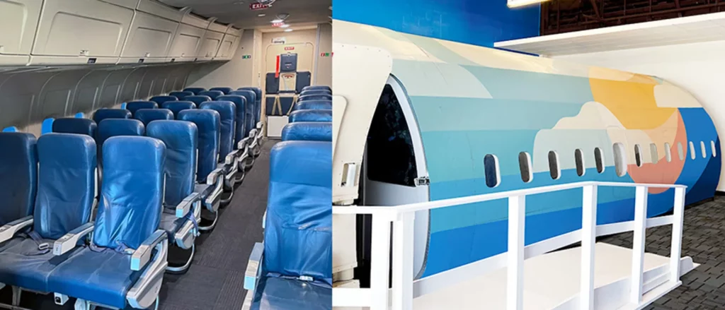 Inside of an airplane showing rows of seat and the outside of a plane painted with a walking ramp heading up to enter it
