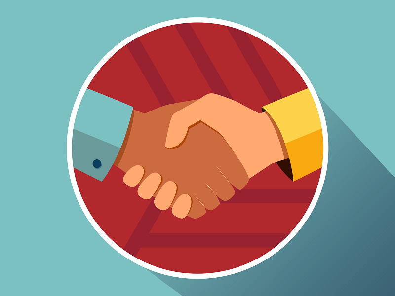 An animated graphic showing two shaking hands.