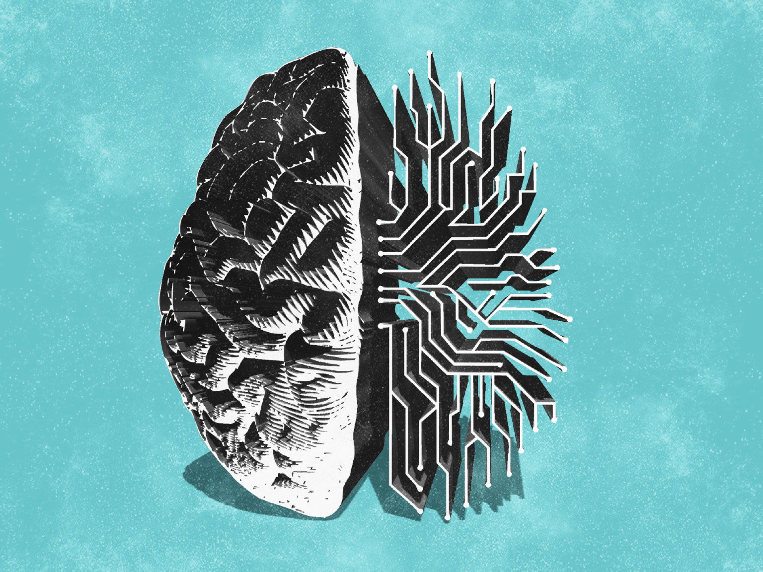 Left side of a human brain on left and right side of complex line figurations