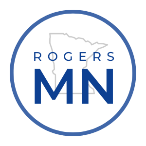 City of Rogers logo with outline of minnesota and blue circle