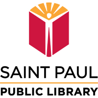 Saint Paul Public Library logo of a book opening to a sunrise with a figure in negative space of book binding