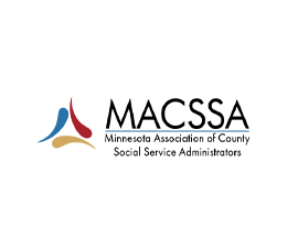 Minnesota Associate of County Social Service Administrators Logo with Black text and red, yellow and blue swooshes in a triangle pattern