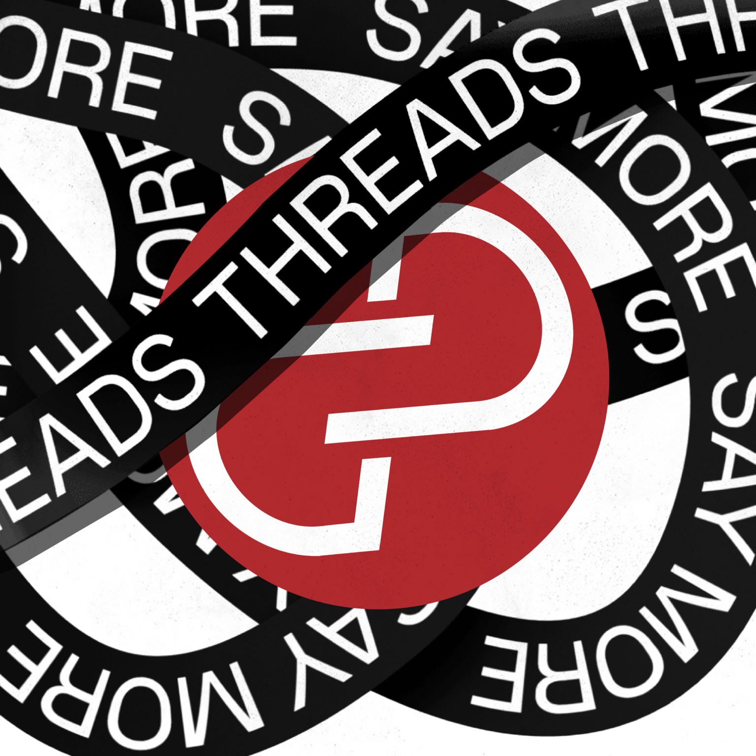 A red circular logo with white text forming a "G" and "P". That logo is surrounded by curved black lines with white words saying "say more." There is one black curved line over the round red logo with the word "threads" repeated on it.
