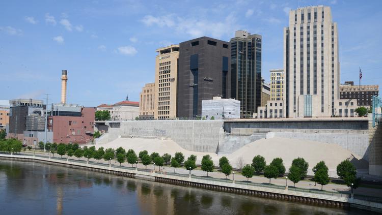 A photo of the Saint Paul Riverfront with buildings in the background