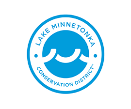 Lake Minnetonka logo showing a circle with its name written in it and a centered outline of a wave in the middle