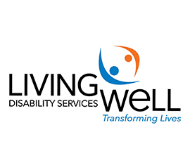 Living Well Disability Services Logo with Blue and Orange Figures Hand In Hand