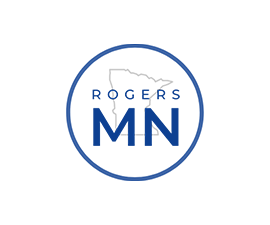 City of Rogers logo with outline of minnesota and blue circle