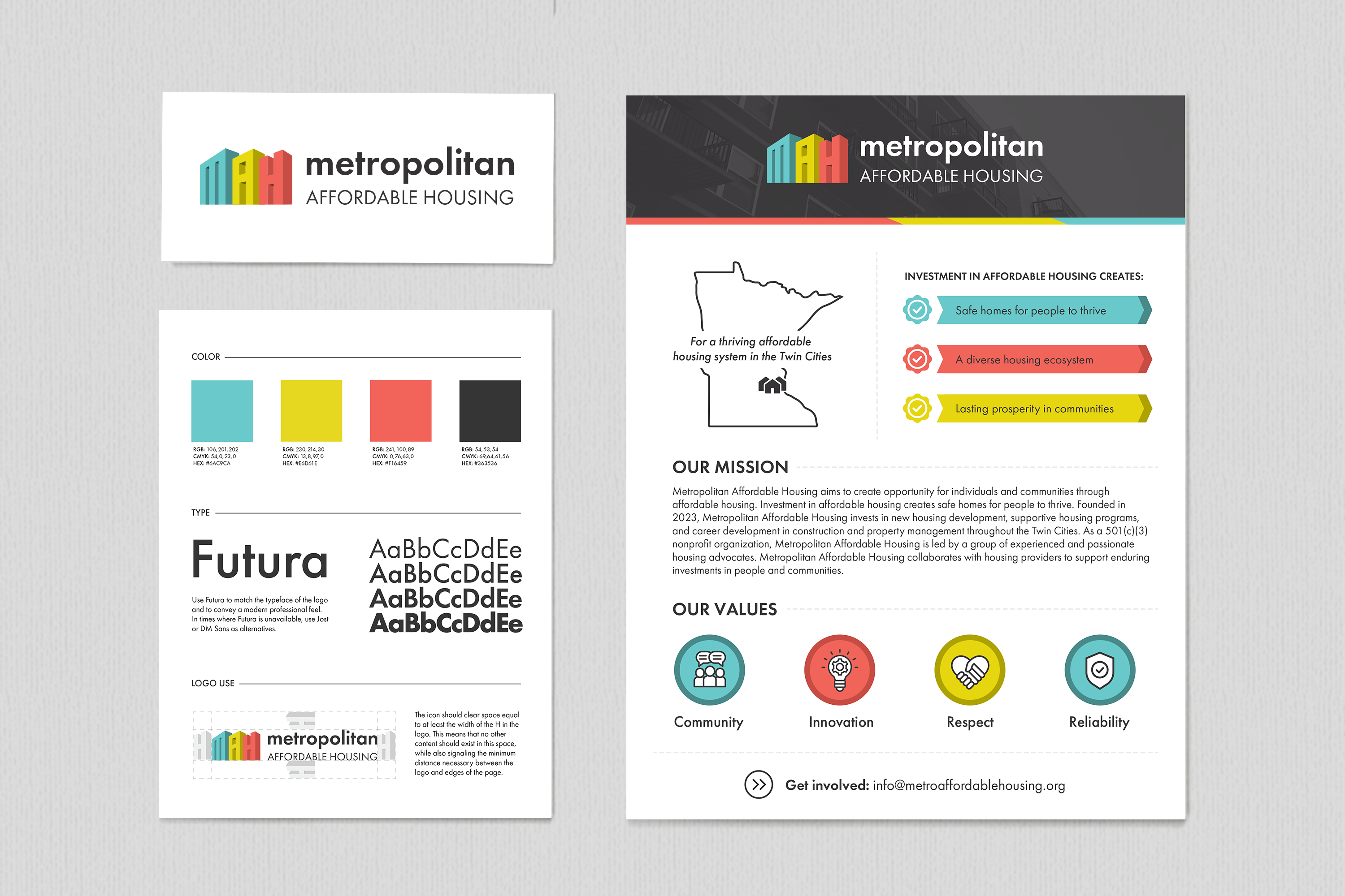 The Metropolitan Affordable Housing logo in blue, yellow and red, the company style guide and a one-pager depicting the company's mission and values