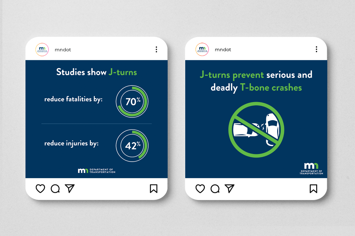 Two dark blue and green social media graphics for MnDOT on the benefits of J-turns