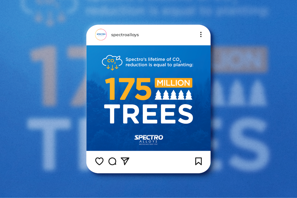 A Spectro Alloys social media graphic showing that the company's lifetime CO2 reduction is equal to planting 175 million trees