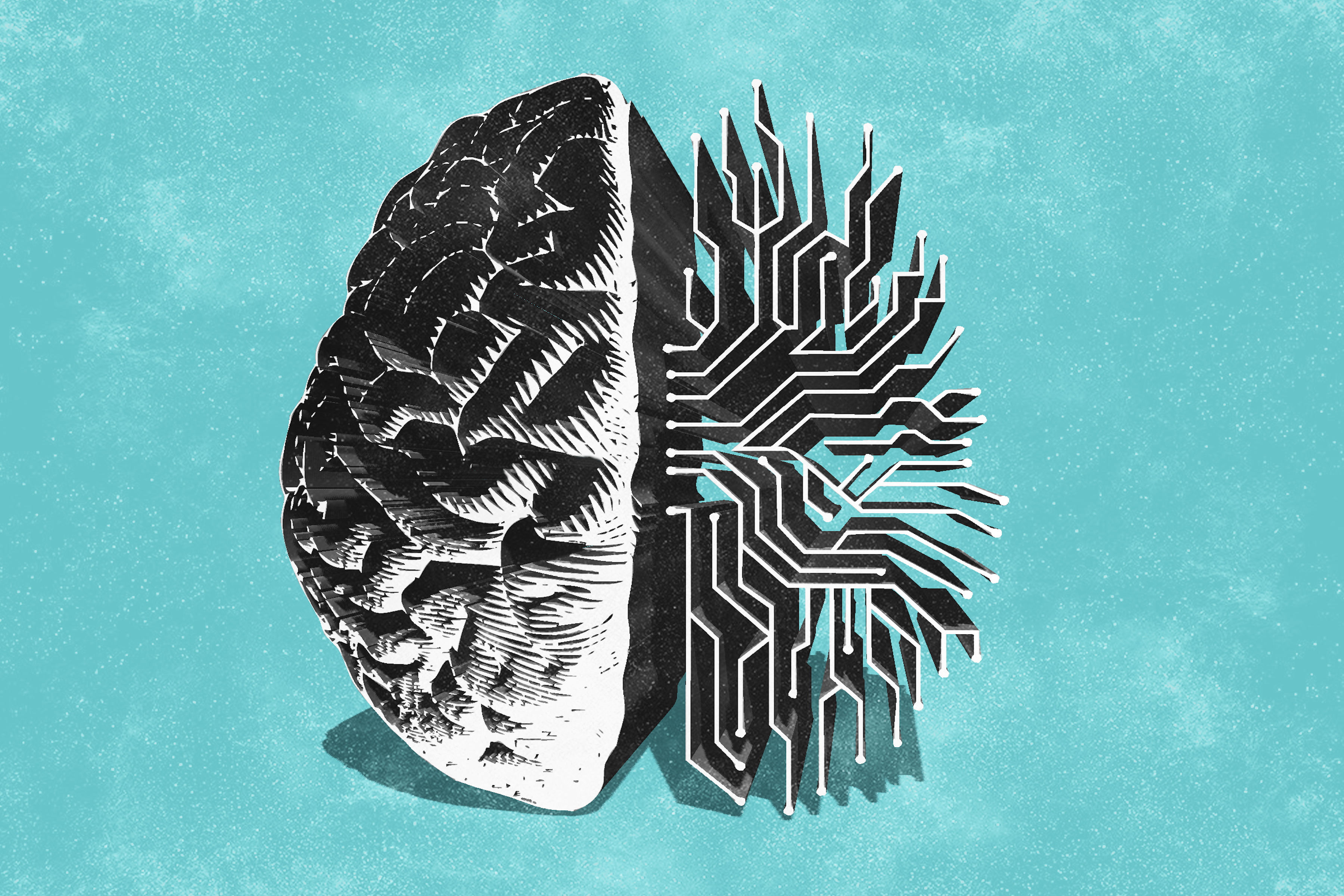 Illustration of a brain with half representing artificial intelligence on a blue background