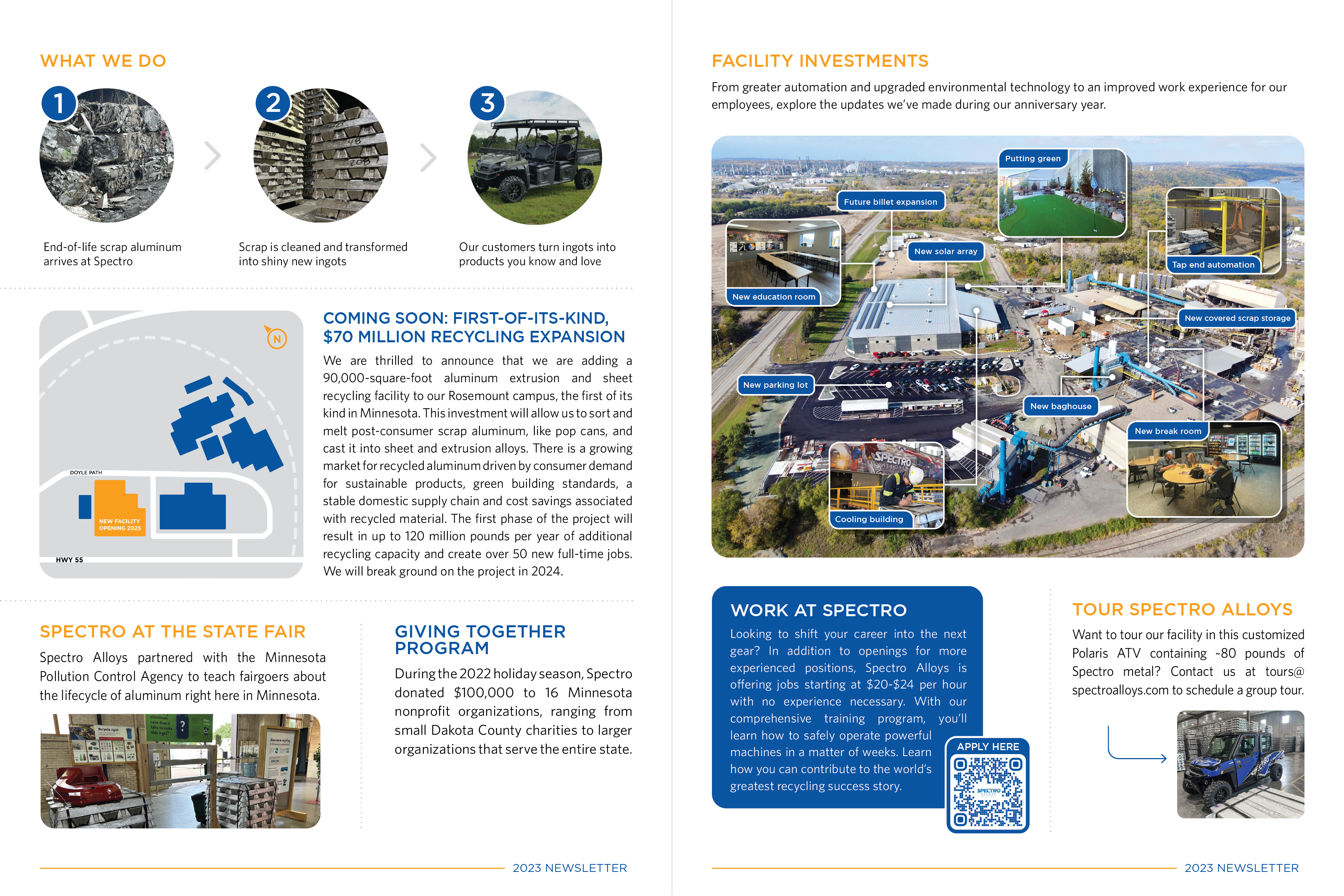 Two pages of the Spectro Alloys newsletter with paragraph text and photos spread throughout