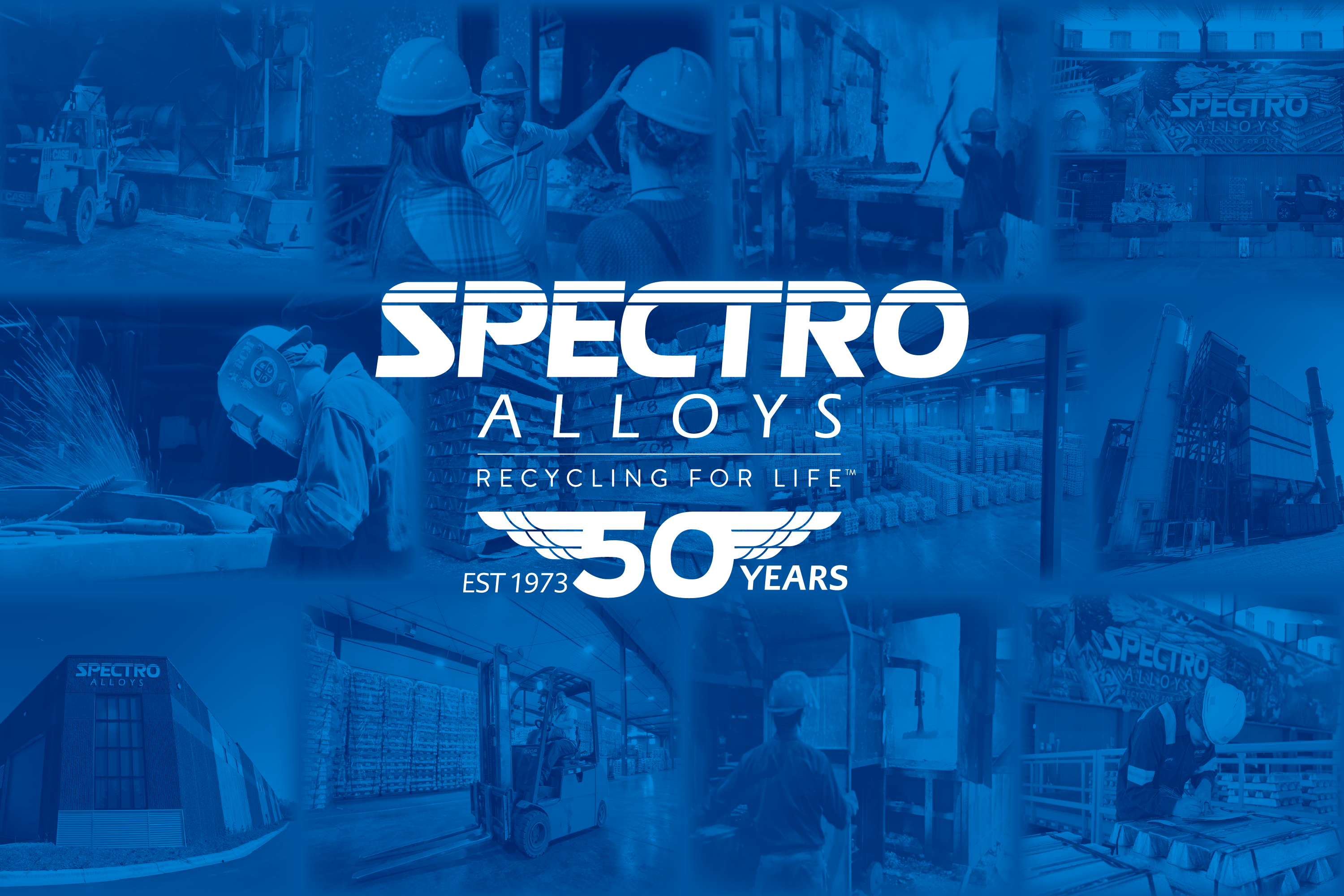 A blue graphic with a photo grid and the Spectro Alloys 50th Anniversary logo