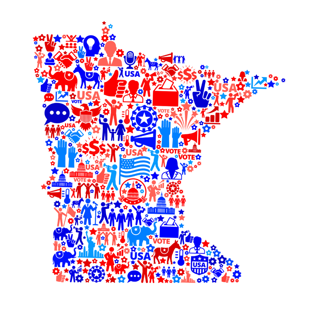 An outline of the state of Minnesota filled with red and blue icons representing politics and democracy