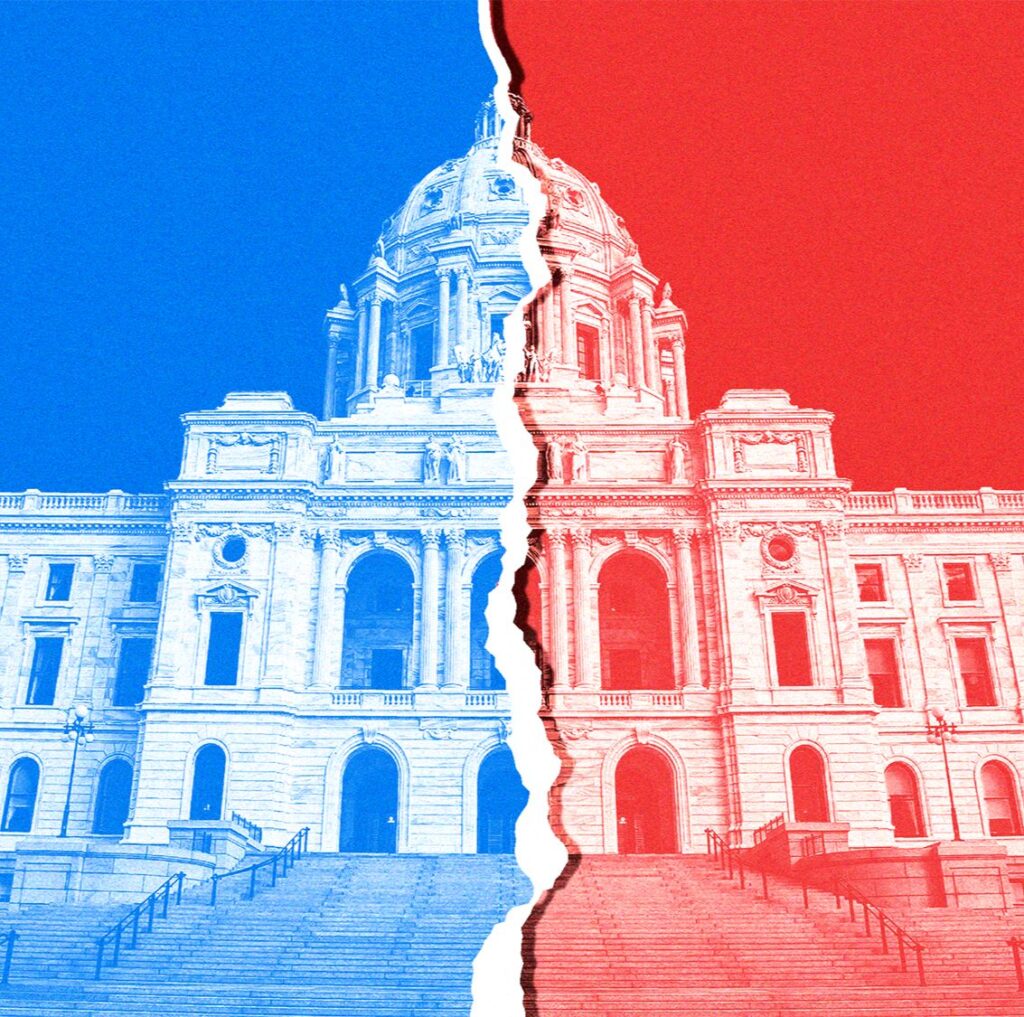 A split red and blue image of the Capitol with a tear down the middle