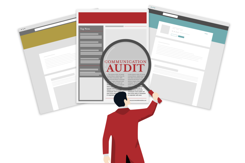 A graphic of a person holding a giant magnifying glass to some documents with the words "communication audit" magnified.