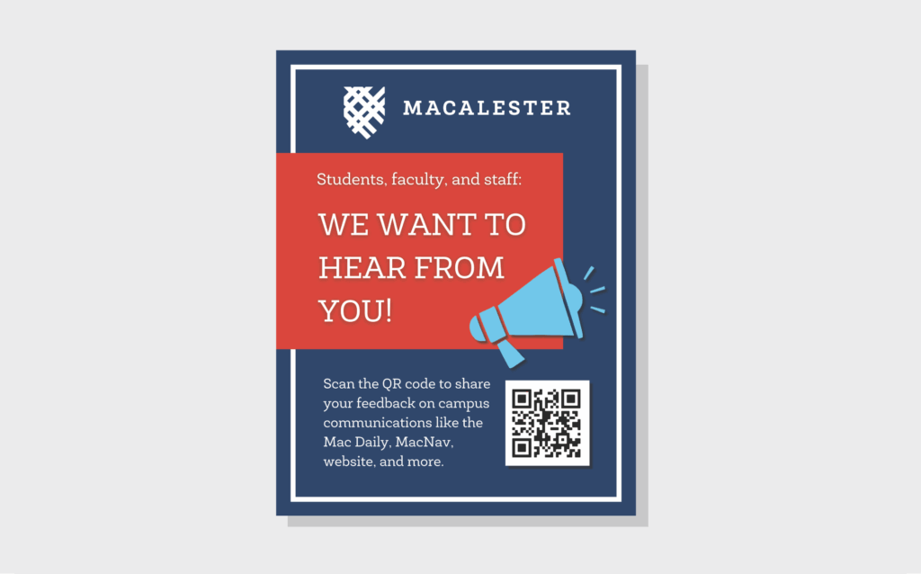 A Macalester-branded flyer advertising a campus communication survey