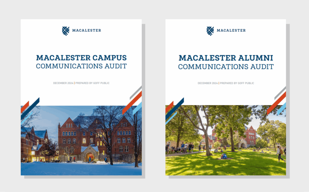 The front pages of two communications audits, one for campus communications and the other for alumni communications
