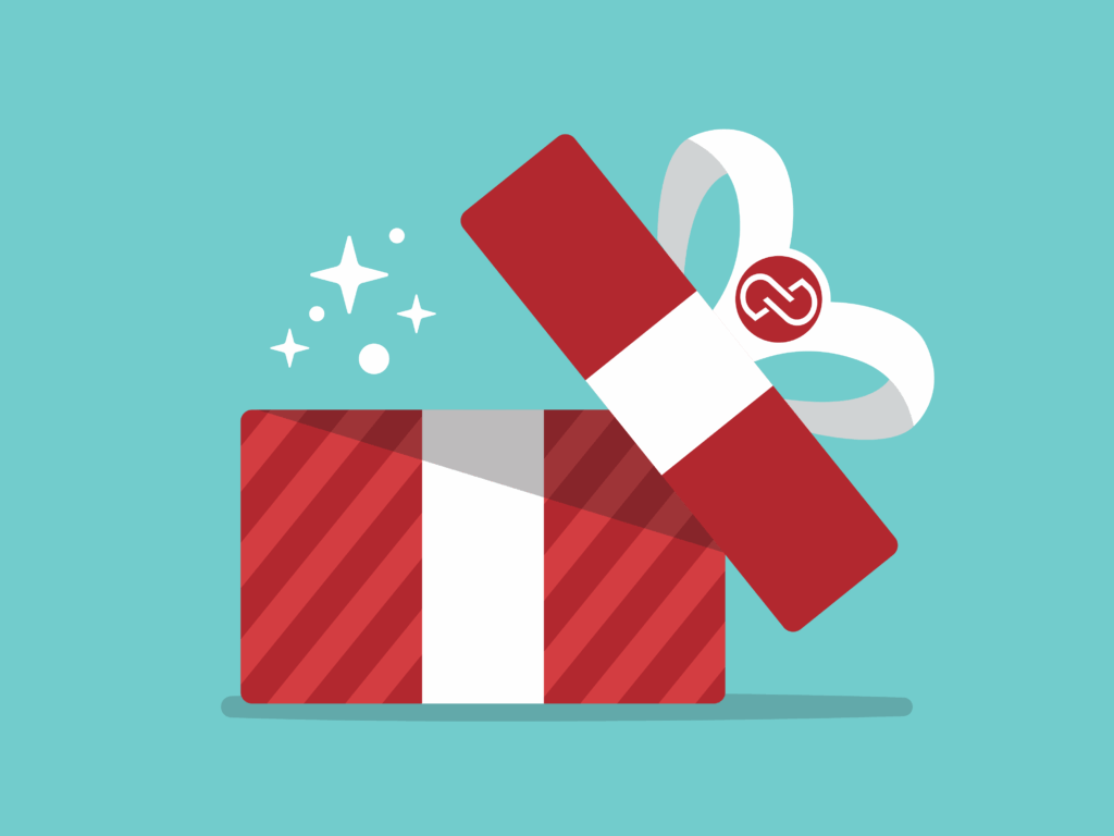A gift graphic with a red box opening
