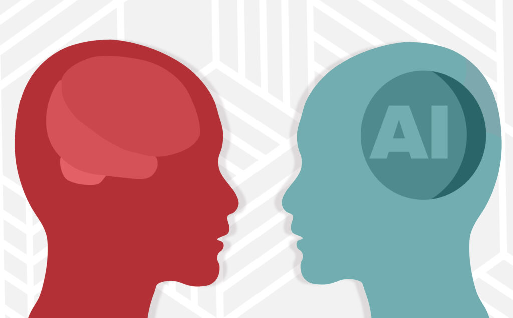 A blue head outline with an AI symbol replacing the brain and a red head outline with a brain